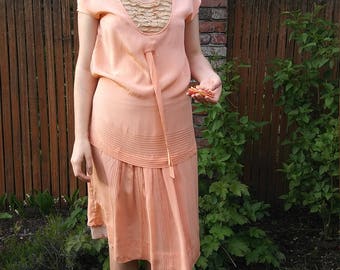 1920s peach silk + lace dress with a tie + waist tie + pin tucks // small or medium