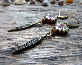 Leaf earrings and green and bronze feather, hippie, natural, leaf charm, feather, czech beads earrings, glass bead.