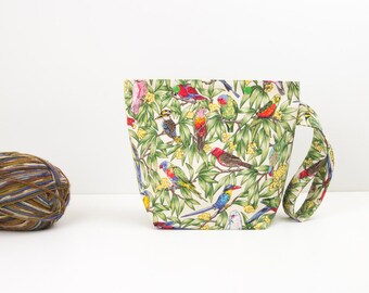 Australian birds snap knitting project bag, parrot sock project bag, zipperless storage bag
