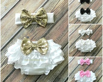 Baby girl clothes, white ruffle bloomers, baby diaper cover, newborn girl outfit, cake smash outfit, baby girl headband, infant head wrap