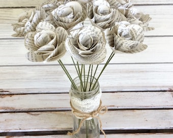 12 Book Page Flowers,Paper Flowers,Book Flowers,Paper Roses,Dozen Paper Stem Roses,Eco Wedding Flower,DiY Wedding Flowers(ITEM:TPG73B)