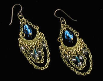 Brass Bollywood Earrings, Boho Gypsy Dangle Earring, Boho Chandelier, Festival Jewelry Gift for Women, Long Chain Earrings, Niobium Earrings