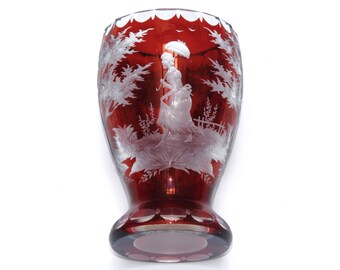SIGNIERTER FUßBECHER · Rubinrotes Überfangglas · aufwendiger Schliff · figürliche Szene · Frau mit Sonnenschirm · Kleid mit Cul de Paris