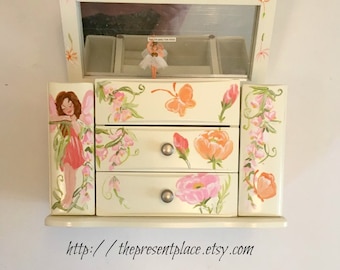 personalized,musical jewelry box,pink,coral,orange,fairies,flowers,butterflies,girls jewelry box,musical ballerina box,,musical jewely box