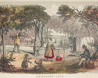 1856 ORIGINAL wood engraving of a Pioneer encampment from Henry Howe's “Historical Collections of the Great West....”