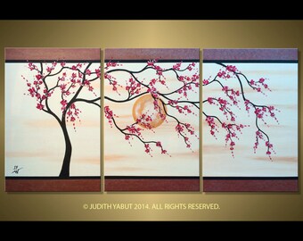 Made to Order-Original, modern triptych art, red cherry blossom tree painting, ready to hang, asian zen style, fine art by Judith Yabut