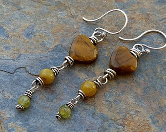 Tiger Eye Heart & Tail Earrings.Mystery Yellow and Green Stones.Silver Wired . Rustic Southwest Boho Tribal Style Jewelry