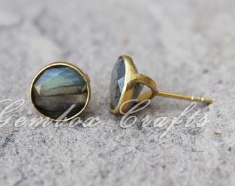 Natural Labradorite 10mm Round Faceted 925 Sterling Silver Gold Plated Smooth Finish Studs Earrings