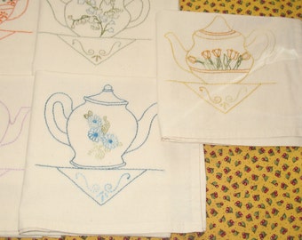 Set of Seven Pretty Little Teapots Teatowels Hand Embroidered OOAK