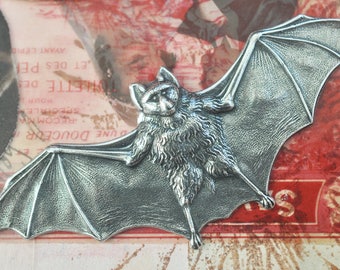Large Bat Brass Stamping, Sterling Silver Finish, Brass Bats, Bat Stampings for Jewelry and crafting, Gothic Bat Stampings
