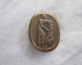 Antique Bronze French Pinback with Women & Boy