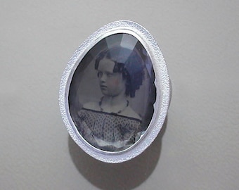 Sterling Silver Ring with Antique Tintype of Young Girl Under Rock Crystal Quartz