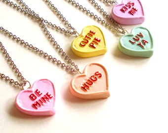 Conversation Heart Necklace Valentines Day Necklace Pink Pastel Candy Necklace Kawaii Jewelry Mini Food Jewelry