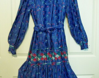 Francesca of Damon for Starington 1970's 100% Vintage Silk Dress ~ Long Sleeve ~ Button Chest ~ Ruffled Neck & Cuffs ~ Colorful Size 10