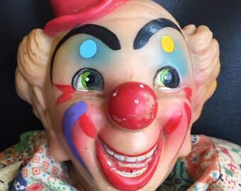 Vintage Clown Doll -Soft Sculpture - cloth doll - 50s - Mid century - Patchwork costume - red nose -