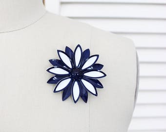 Vintage 1960s Enamel Flower Brooch / Navy Blue and White Large Statement Pin