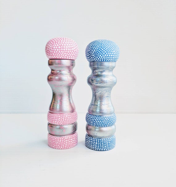 Salt shaker and pepper mill set pink and blue hand painted salt and pepper set