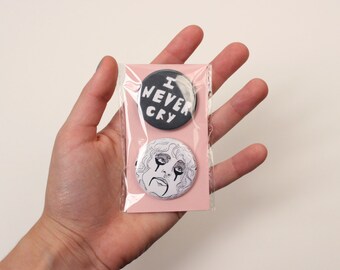 Pair of *I Never Cry* & *Alice Cooper* Pin Buttons