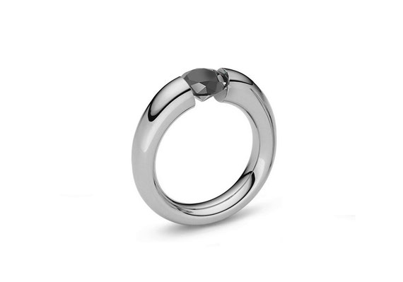 Tapered Tension Set Black Diamond Ring in Stainless Steel