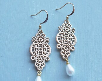 Earrings, gold lace filigree and pearl drop dangle earrings