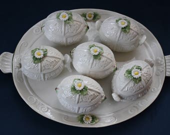 Set of 6 Vintage Italian Miniature Dessert Tureens / Pots de Creme & Serving Platter