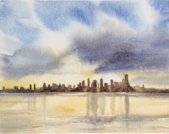 Seattle Skyline, Seattle painting, Seattle watercolor, West Seattle, Seattle skyline watercolor, Seattle large print