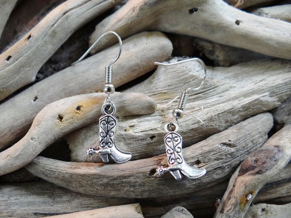 Cowboy Cowgirl Boot Earrings Boots Cow Boy Girl Rodeo Bullriding Horse Bull Riding Country and Western Wild West Earring Hooks Silver Toned