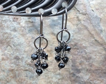 Black stone Earrings, black sterling silver hoop earrings, handmade jewelry, handmade earrings, artisan jewelry by AngryHairJewelry