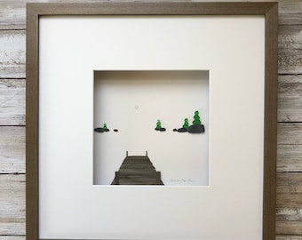 Cottage style Pebble Art, Original Art by Sharon Nowlan. Matted or framed, 12in x 12in dock on the lake
