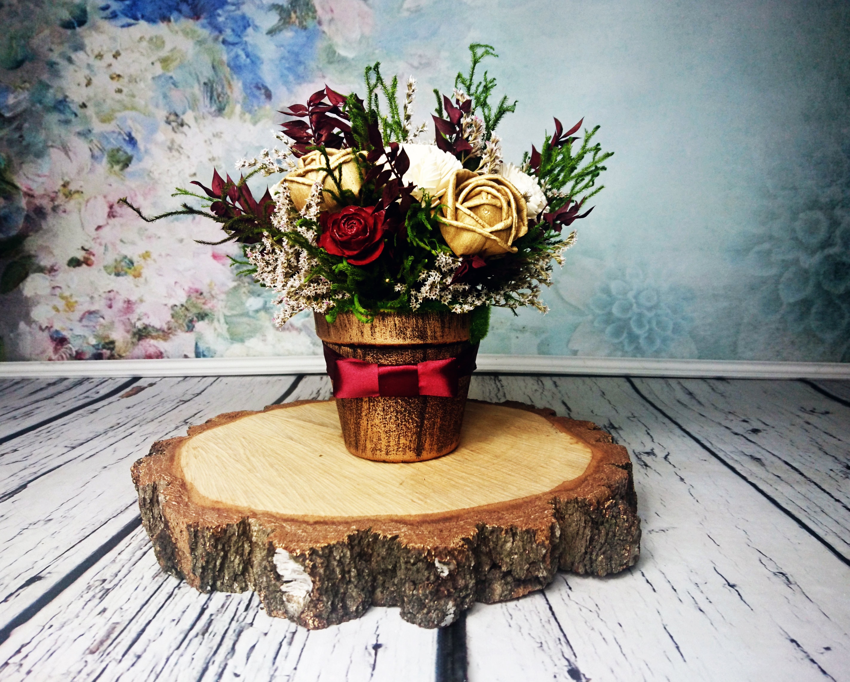 Burgundy Centerpiece Details : Burgundy green and gold rustic wedding centerpiece made