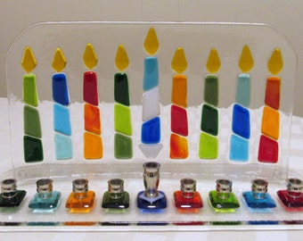 Fused Glass Menorah, Hanukkah Menorah with Colorful Hanukkah Candles, Chanukia, Jewish Wedding Glass Gift, Hanukkah Gift