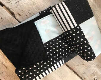 Baby blanket ,clouds, black and white. black minky