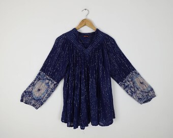 Vintage 1970s 70s India Cotton Gauze Blue Metallic Wide Sleeve Top Shirt M