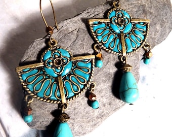 turquoise blue antique bronze earrings