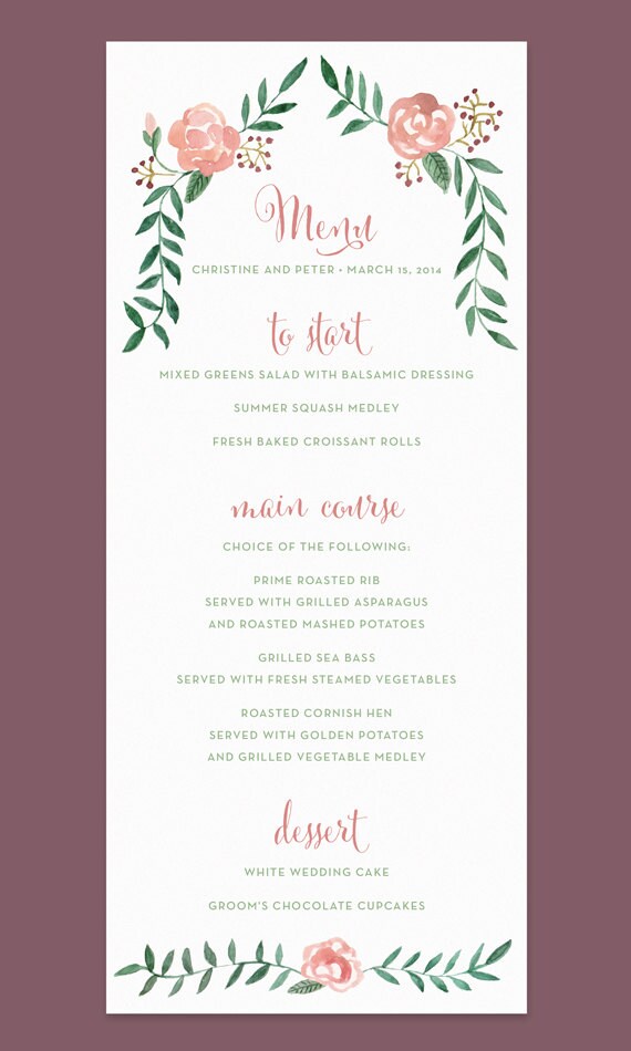 rose wedding menu card with handpainted watercolor flower