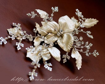 SALE-Bridal Flower hair piece. Gold flower Hair vines clip. old leaves comb. Swarovski Crystal Wedding accessories. Golden small flower clip