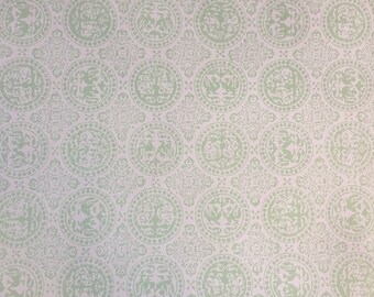Vintage Wallpaper-1960s delicate green medallions on cream- by Old Stone Mill-by the yard