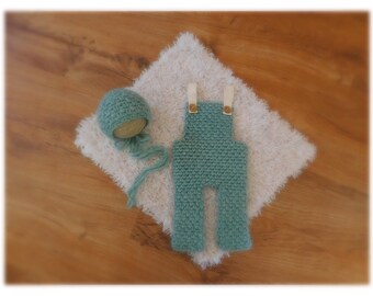 Crocheted newborn overalls with matching bonnet, chunky yarn, tiffani blue