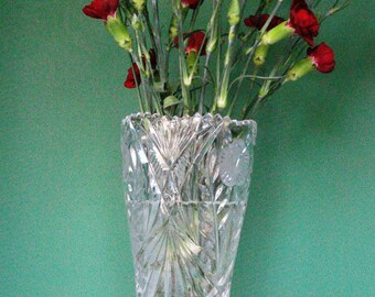 Vintage Flower Vase - 24% Lead Crystal - Saw-tooth Rim and Frosted Wild Roses