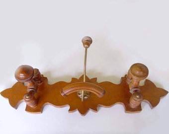 French wood coat rack , Coat hat rack , 2 retractable pegs , 1 center coat and hat peg , circa 1910