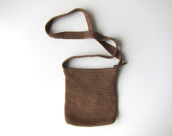 Vintage Crochet Purse 90s Brown Woven Fabric Knit Bag Small Cross Body Zipper Purse Preppy Basic Bag Handbag Wallet Purse