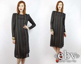 1980s Dress 80s Dress Sheer Dress Striped Dress Secretary Dress Sheer Black Dress Work Dress Vintage 80s Sheer Striped Day Dress XS S