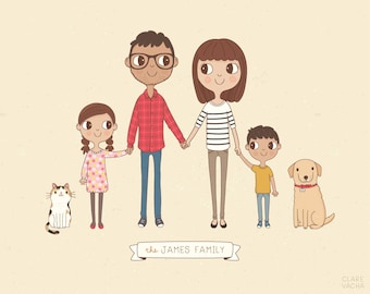 Custom Family Portrait Illustration, Personalised Digital Print 8x10 or A4, Gift Idea
