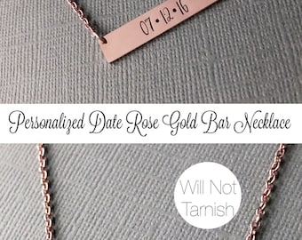 ROSE GOLD Bar Necklace Custom Date Necklace Wedding Gift Hand Stamped Necklace Rose Gold Necklace Personalized Gift Gift Idea for Wife Mom