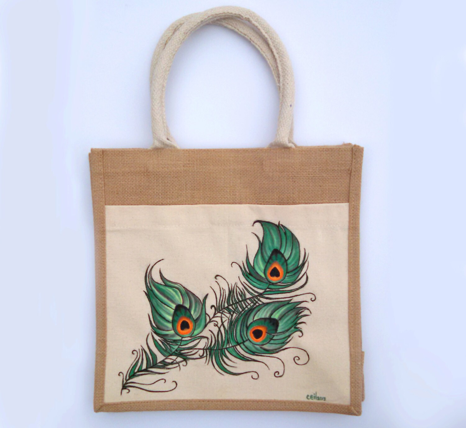 Hand Painted Tote Canvas And Jute Peacock Feather Bag Viridian