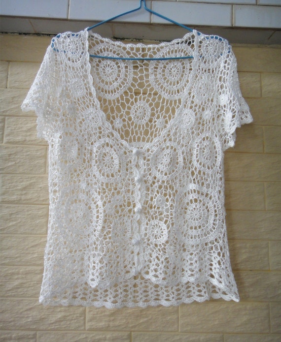 Button Down White Crochet Cardigan Short Sleeve