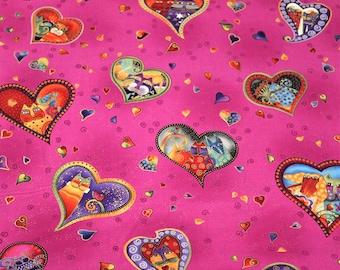 Laurel Burch Rare Oop FABULOUS FELINES Hearts on Pink Fabric - By the Half Yard