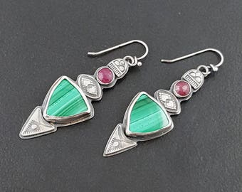 Malachite and Ruby Earrings, sterling silver, bohemian earrings, dangle earrings, michele grady, stamped, green pink silver, metal jewelry