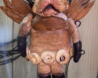 Folk Art Antique Boston Terrier Dog Angel Doll