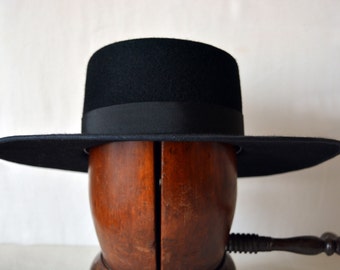The Black Bolero - Wool Felt Flat Crown Bolero Hat - Extra Wide Brim - Men Women